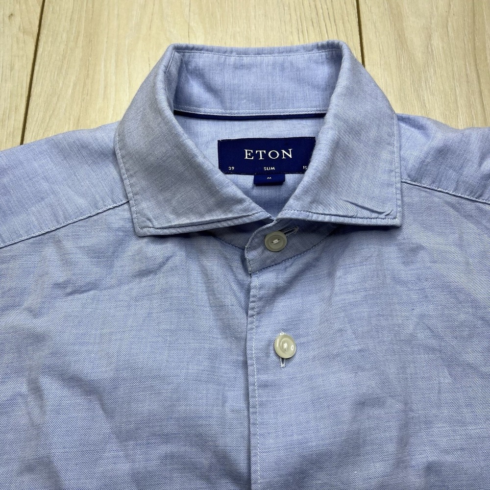 Eton Slim Casual Button Up Shirt Cotton Silk Blend Blue Mens Size Medium 15 1/2 - Picture 4 of 13
